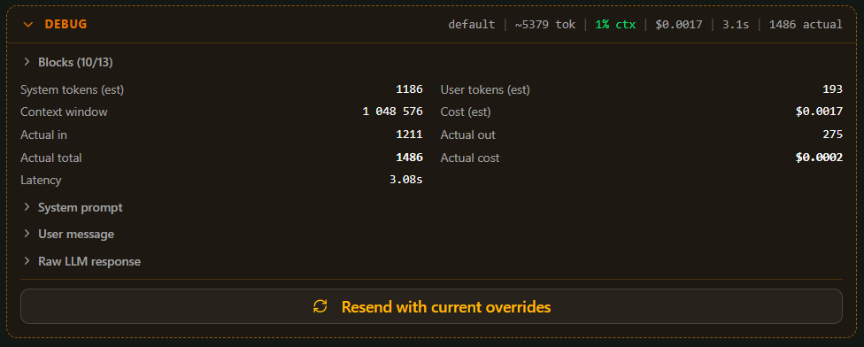 PromptDebugPanel - deweloperski panel do testowania bloków prompta